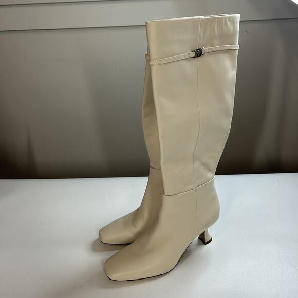 Sam Edelman Lyla Ivory Leather Boots 8.5 Kitten Heels Knee High Zip - Picture 6 of 7